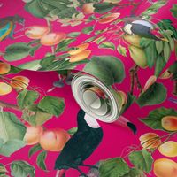 vintage tropical antique exotic toucan birds, green Leaves and  nostalgic colorful exotic figs and orange fruits, toucan bird, - magenta  