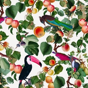 vintage tropical antique exotic toucan birds, green Leaves and  nostalgic colorful exotic figs and orange fruits, toucan bird, - off white