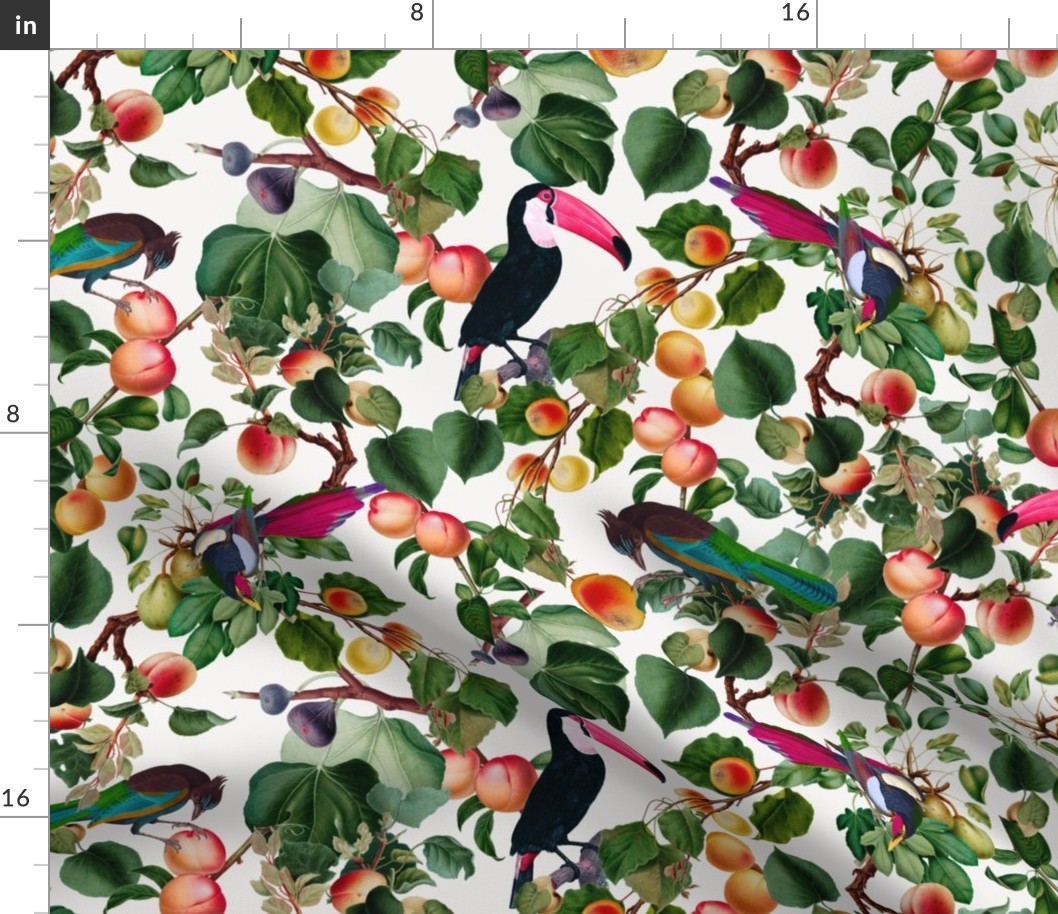 vintage tropical antique exotic toucan birds, green Leaves and  nostalgic colorful exotic figs and orange fruits, toucan bird, - off white