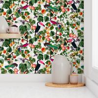 vintage tropical antique exotic toucan birds, green Leaves and  nostalgic colorful exotic figs and orange fruits, toucan bird, -off white  double layer