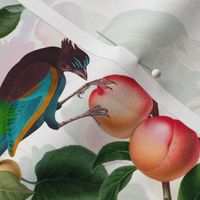 vintage tropical antique exotic toucan birds, green Leaves and  nostalgic colorful exotic figs and orange fruits, toucan bird, -off white  double layer