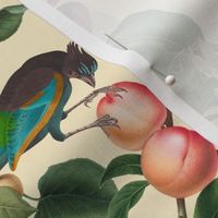 vintage tropical antique exotic toucan birds, green Leaves and  nostalgic colorful exotic figs and orange fruits, toucan bird, - light yellow