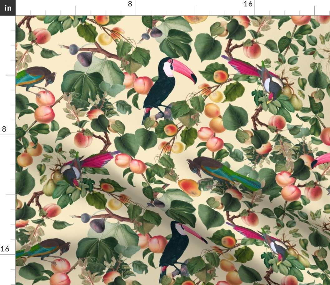 vintage tropical antique exotic toucan birds, green Leaves and  nostalgic colorful exotic figs and orange fruits, toucan bird, - light yellow