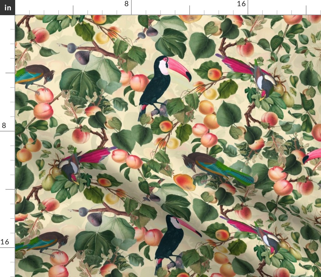 vintage tropical antique exotic toucan birds, green Leaves and  nostalgic colorful exotic figs and orange fruits, toucan bird, - light yellow double layer