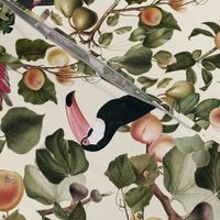 vintage tropical antique exotic toucan birds, green Leaves and  nostalgic colorful exotic figs and orange fruits, toucan bird, - sepia cream