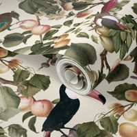vintage tropical antique exotic toucan birds, green Leaves and  nostalgic colorful exotic figs and orange fruits, toucan bird, - sepia cream