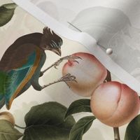 vintage tropical antique exotic toucan birds, green Leaves and  nostalgic colorful exotic figs and orange fruits, toucan bird, - sepia cream double layer