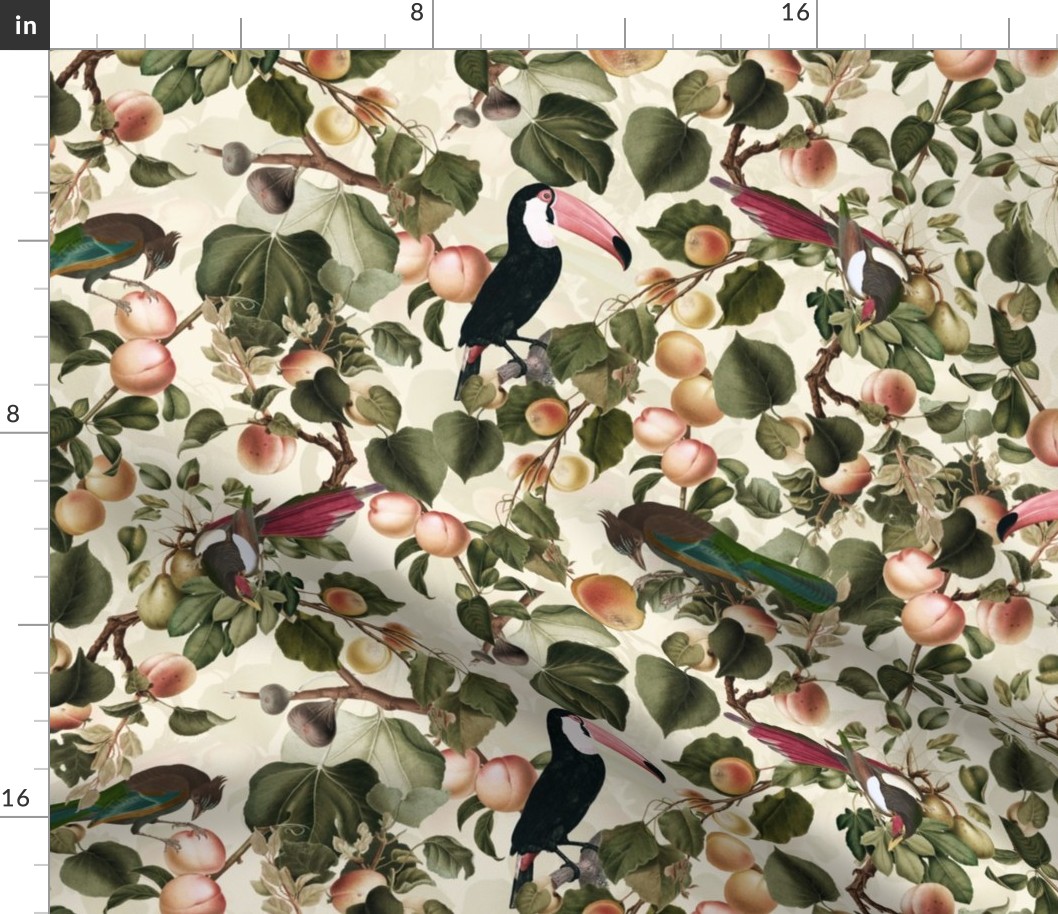 vintage tropical antique exotic toucan birds, green Leaves and  nostalgic colorful exotic figs and orange fruits, toucan bird, - sepia cream double layer