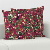 vintage tropical antique exotic toucan birds, green Leaves and  nostalgic colorful exotic figs and orange fruits, toucan bird, - dark magenta  double layer