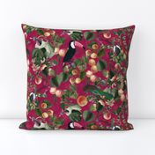vintage tropical antique exotic toucan birds, green Leaves and  nostalgic colorful exotic figs and orange fruits, toucan bird, - dark magenta  double layer