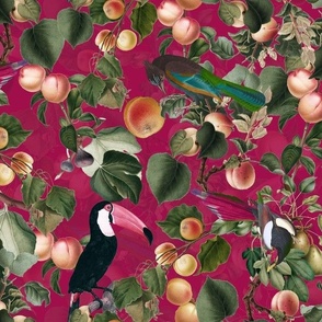vintage tropical antique exotic toucan birds, green Leaves and  nostalgic colorful exotic figs and orange fruits, toucan bird, - dark magenta  double layer