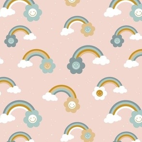 Groovy rainbows and smileys fun retro style nineties vibes flowers and clouds design moody blue green mustard on blush beige
