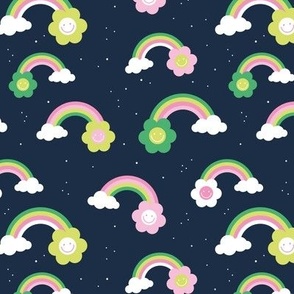 Groovy rainbows and smileys fun retro style nineties vibes flowers and clouds design night navy green lime pink