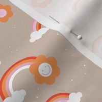 Groovy rainbows and smileys fun retro style nineties vibes flowers and clouds design red pink orange valentine palette on tan 