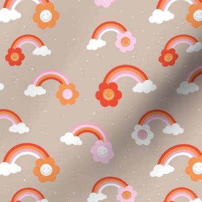 Groovy rainbows and smileys fun retro style nineties vibes flowers and clouds design red pink orange valentine palette on tan 