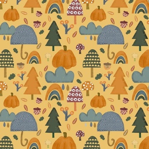 Autumn Woodland Fall Forest Trees Umbrellas and Pumpkins Yellow