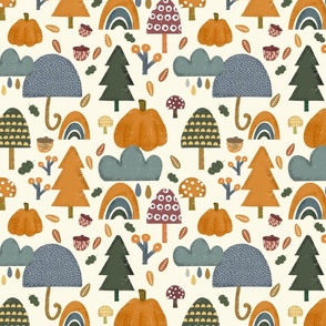 Autumn Woodland Fall Forest Trees Umbrellas and Pumpkins Ivory