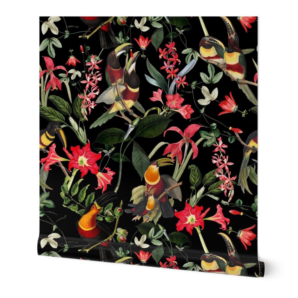 vintage tropical antique exotic toucan birds, green Leaves and  nostalgic colorful exotic flowers, toucan bird, -black Fabric