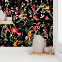 vintage tropical antique exotic toucan birds, green Leaves and  nostalgic colorful exotic flowers, toucan bird, -black Fabric