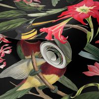 vintage tropical antique exotic toucan birds, green Leaves and  nostalgic colorful exotic flowers, toucan bird, -black Fabric
