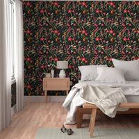 vintage tropical antique exotic toucan birds, green Leaves and  nostalgic colorful exotic flowers, toucan bird, -black Fabric