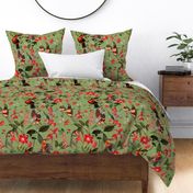 vintage tropical antique exotic toucan birds, green Leaves and  nostalgic colorful exotic flowers, toucan bird, - apple green  