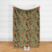 vintage tropical antique exotic toucan birds, green Leaves and  nostalgic colorful exotic flowers, toucan bird, - apple green  double layer Fabric