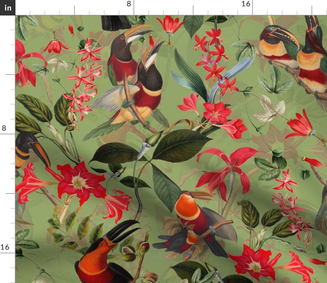 vintage tropical antique exotic toucan birds, green Leaves and  nostalgic colorful exotic flowers, toucan bird, - apple green  double layer Fabric