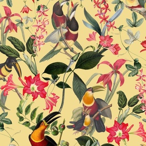 vintage tropical antique exotic toucan birds, green Leaves and  nostalgic colorful exotic flowers, toucan bird, -  yellow Fabric