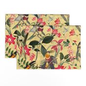 vintage tropical antique exotic toucan birds, green Leaves and  nostalgic colorful exotic flowers, toucan bird, - yellow  double layer Fabric