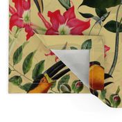 vintage tropical antique exotic toucan birds, green Leaves and  nostalgic colorful exotic flowers, toucan bird, - yellow  double layer Fabric