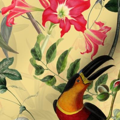 vintage tropical antique exotic toucan birds, green Leaves and  nostalgic colorful exotic flowers, toucan bird, - yellow  double layer Fabric