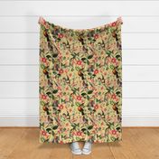 vintage tropical antique exotic toucan birds, green Leaves and  nostalgic colorful exotic flowers, toucan bird, - yellow  double layer Fabric