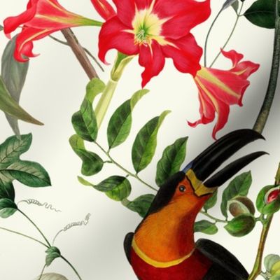 vintage tropical antique exotic toucan birds, green Leaves and  nostalgic colorful exotic flowers, toucan bird, -off white Fabric