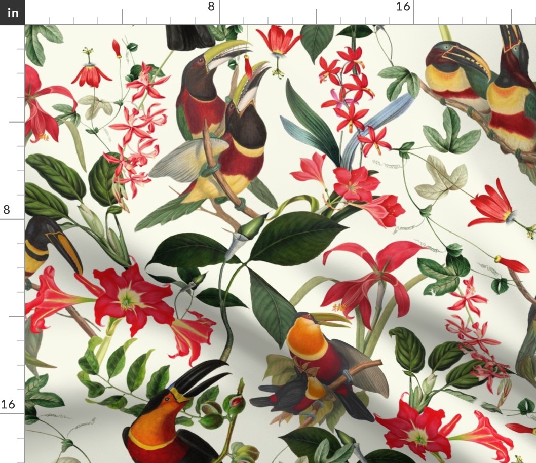 vintage tropical antique exotic toucan birds, green Leaves and  nostalgic colorful exotic flowers, toucan bird, -off white Fabric