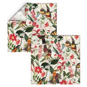 vintage tropical antique exotic toucan birds, green Leaves and  nostalgic colorful exotic flowers, toucan bird, -off white Fabric double layer