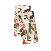 vintage tropical antique exotic toucan birds, green Leaves and  nostalgic colorful exotic flowers, toucan bird, -off white Fabric double layer