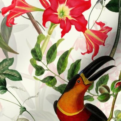 vintage tropical antique exotic toucan birds, green Leaves and  nostalgic colorful exotic flowers, toucan bird, -off white Fabric double layer