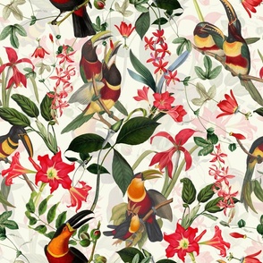 vintage tropical antique exotic toucan birds, green Leaves and  nostalgic colorful exotic flowers, toucan bird, -off white Fabric double layer