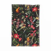 vintage tropical antique exotic toucan birds, green Leaves and  nostalgic colorful exotic flowers, toucan bird, -black Fabric double layer