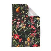 vintage tropical antique exotic toucan birds, green Leaves and  nostalgic colorful exotic flowers, toucan bird, -black Fabric double layer