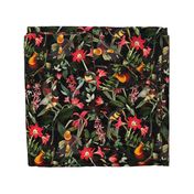 vintage tropical antique exotic toucan birds, green Leaves and  nostalgic colorful exotic flowers, toucan bird, -black Fabric double layer