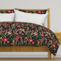 vintage tropical antique exotic toucan birds, green Leaves and  nostalgic colorful exotic flowers, toucan bird, -black Fabric double layer