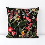 vintage tropical antique exotic toucan birds, green Leaves and  nostalgic colorful exotic flowers, toucan bird, -black Fabric double layer