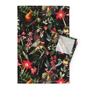 vintage tropical antique exotic toucan birds, green Leaves and  nostalgic colorful exotic flowers, toucan bird, -black Fabric double layer