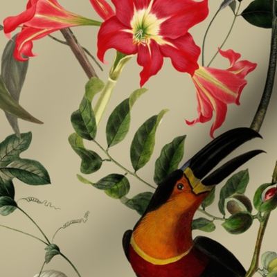 vintage tropical antique exotic toucan birds, green Leaves and  nostalgic colorful exotic flowers, toucan bird, -green Fabric