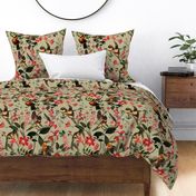 vintage tropical antique exotic toucan birds, green Leaves and  nostalgic colorful exotic flowers, toucan bird, -green Fabric