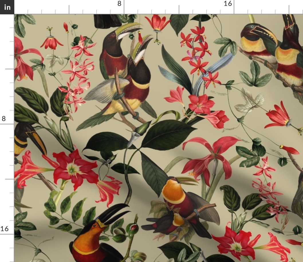 vintage tropical antique exotic toucan birds, green Leaves and  nostalgic colorful exotic flowers, toucan bird, -green Fabric