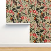 vintage tropical antique exotic toucan birds, green Leaves and  nostalgic colorful exotic flowers, toucan bird, -sage green Fabric, double layer