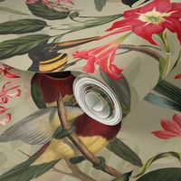 vintage tropical antique exotic toucan birds, green Leaves and  nostalgic colorful exotic flowers, toucan bird, -sage green Fabric, double layer